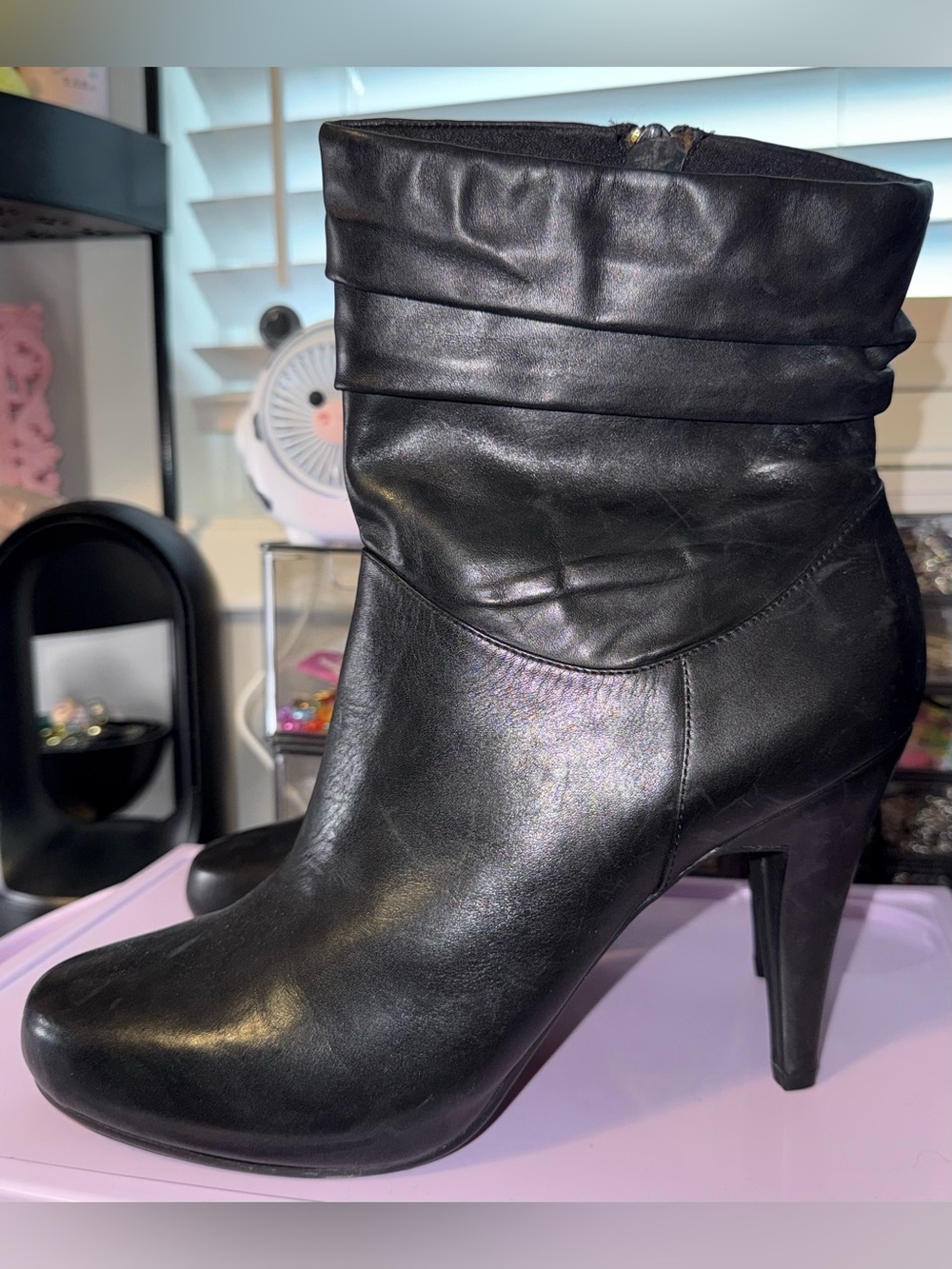 Worthington Black Leather Slouch High-Heel Ankle Boots